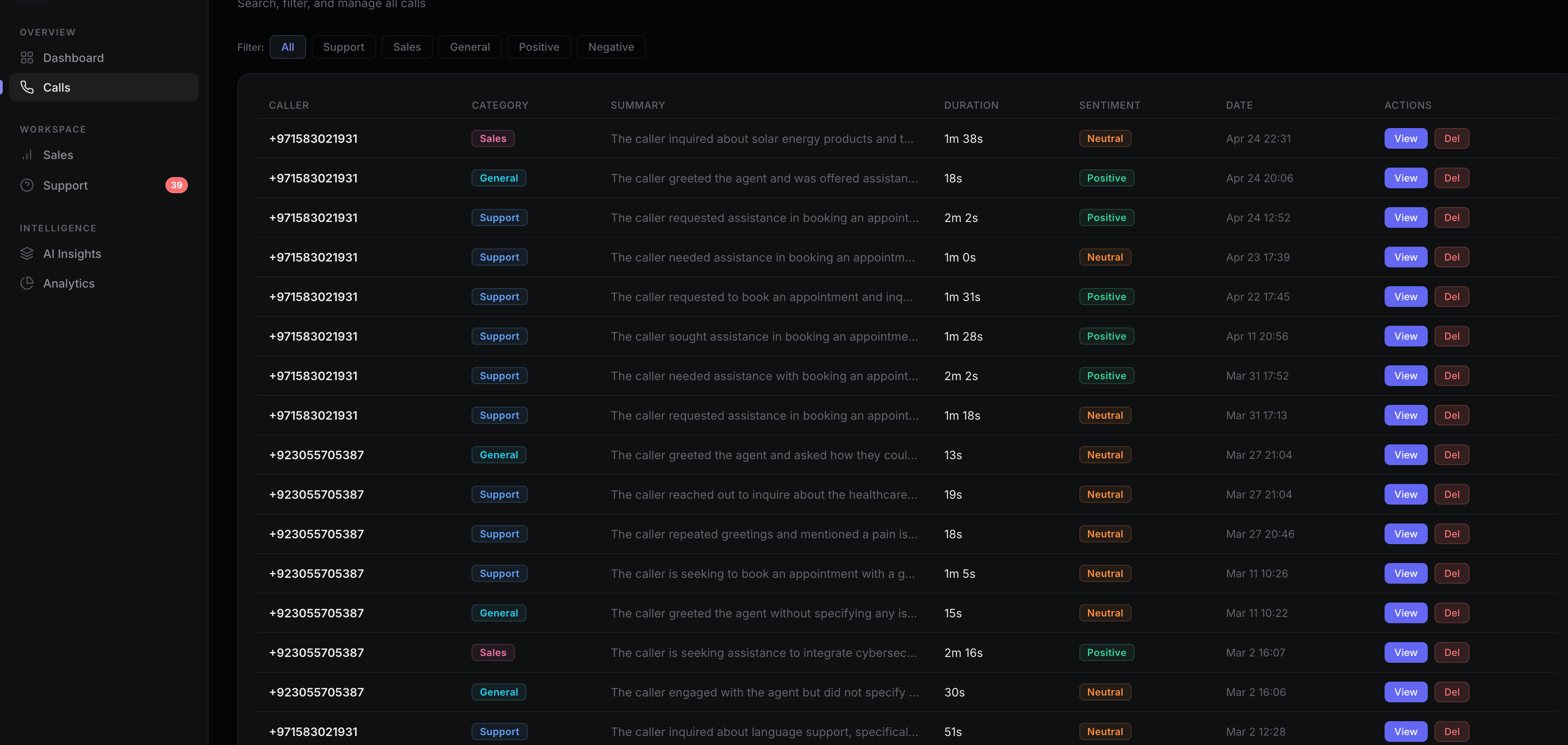 SmartSphere Call Management interface with searchable calls table, filters, and sentiment analysis
